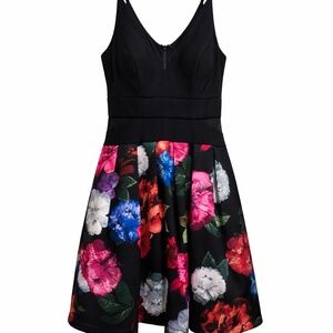 Aqua Bloomingdale’s Size 6 Black Floral Fit & Flare Dress